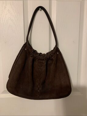 Adrianne Vittadini Soft Gathered Shoulder Bag in Deep Brown Sueded Leather